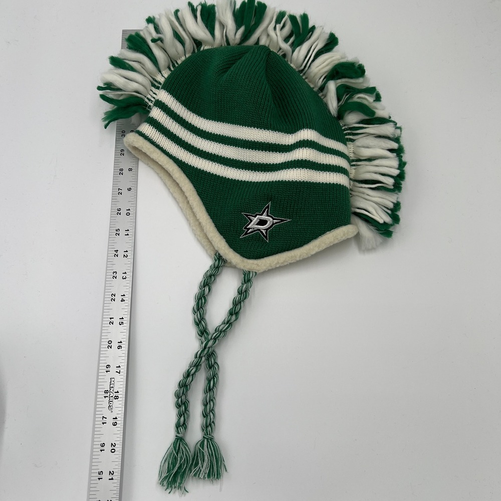 Dallas Stars Knit Hat Beanie Mohawk Fringed Tassels Green‎ White Adidas - Picture 6 of 6